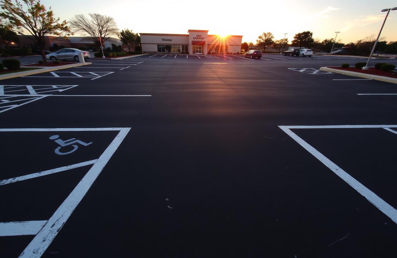 Freshly paved commercial parking lot with striping and ADA stalls