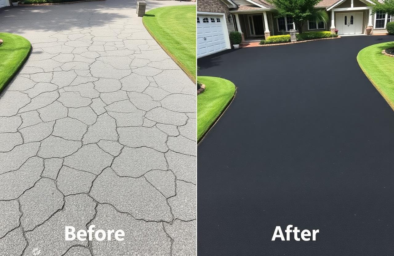 Before and after asphalt driveway sealcoat in San Antonio